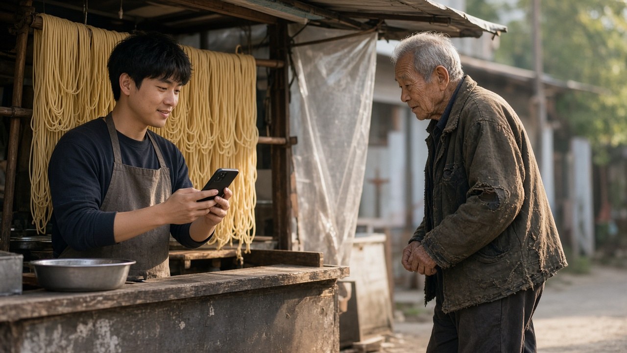 The noodle cook filming the old man's daily visit