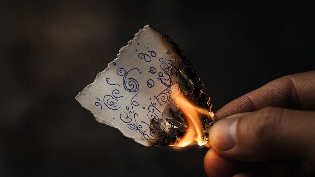 A hand-drawn note burning in a final farewell