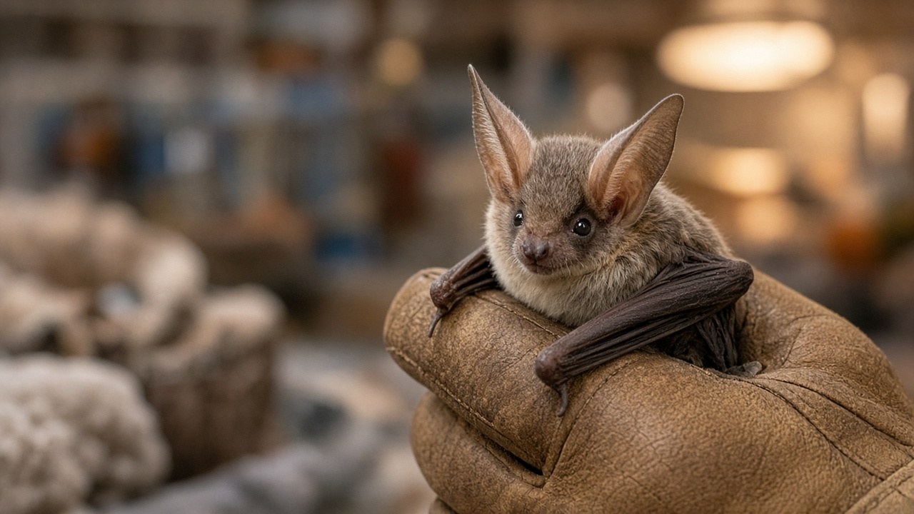 A tiny northern long-eared bat resting on a rescuer's gloved hand