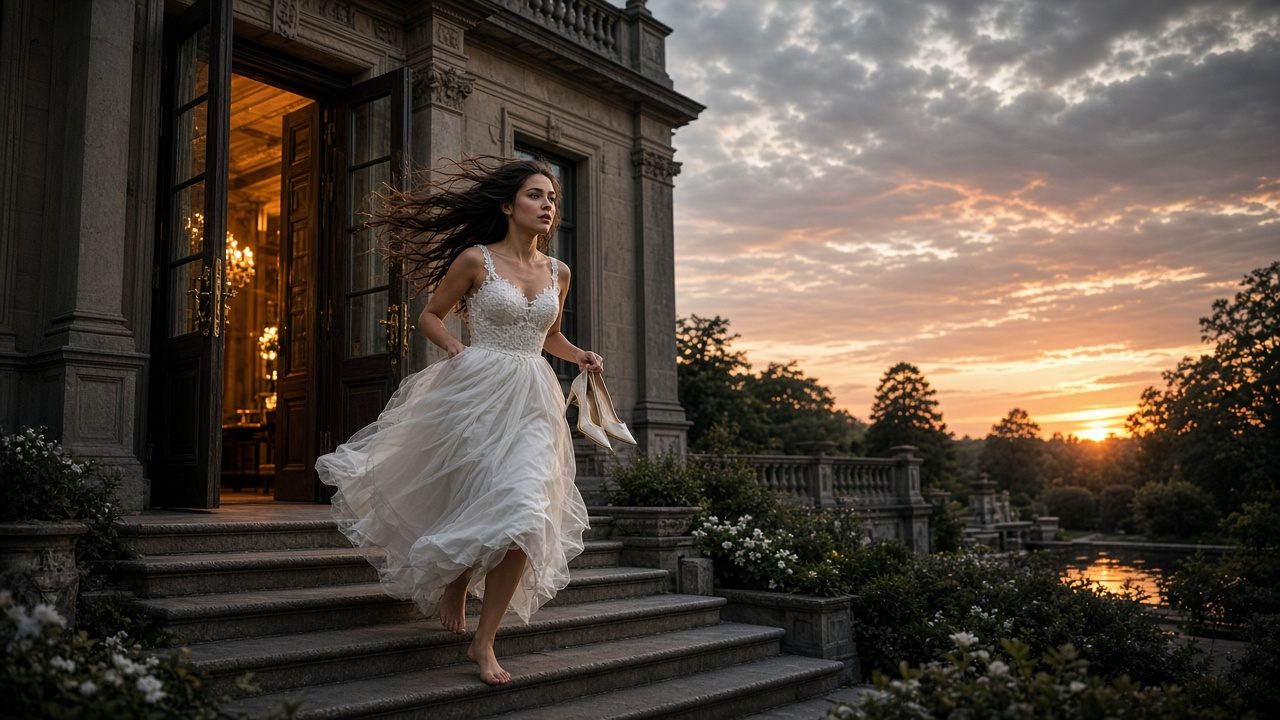 Novia corriendo por los viñedos al atardecer