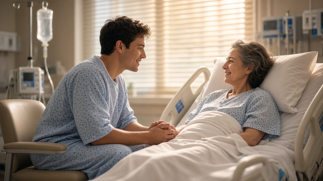 A young man in a hospital gown sitting beside his mother's hospital bed and holding her hand
