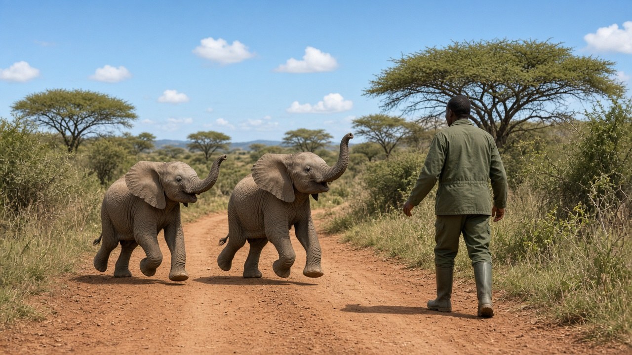 Two baby elephants reaching their trunks toward a smiling keeper on the red earth of Kenya