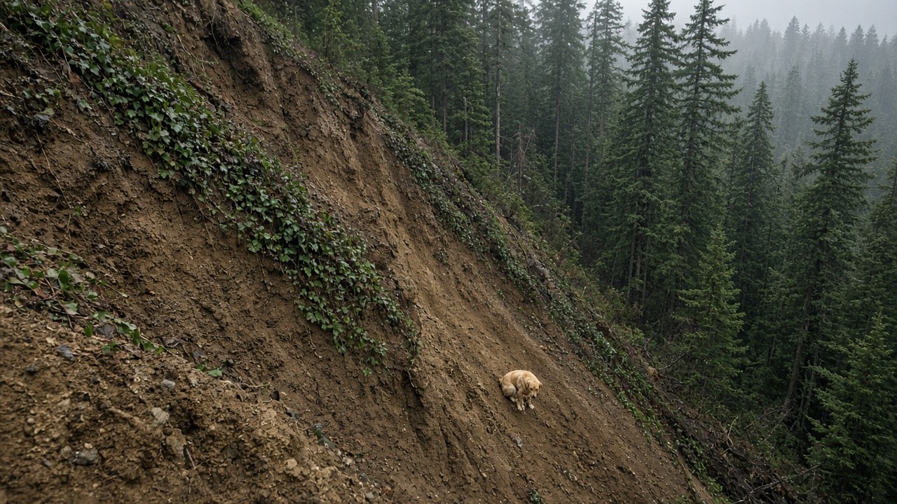 Yellow Labrador stranded far down a steep crumbly ivy-covered cliff