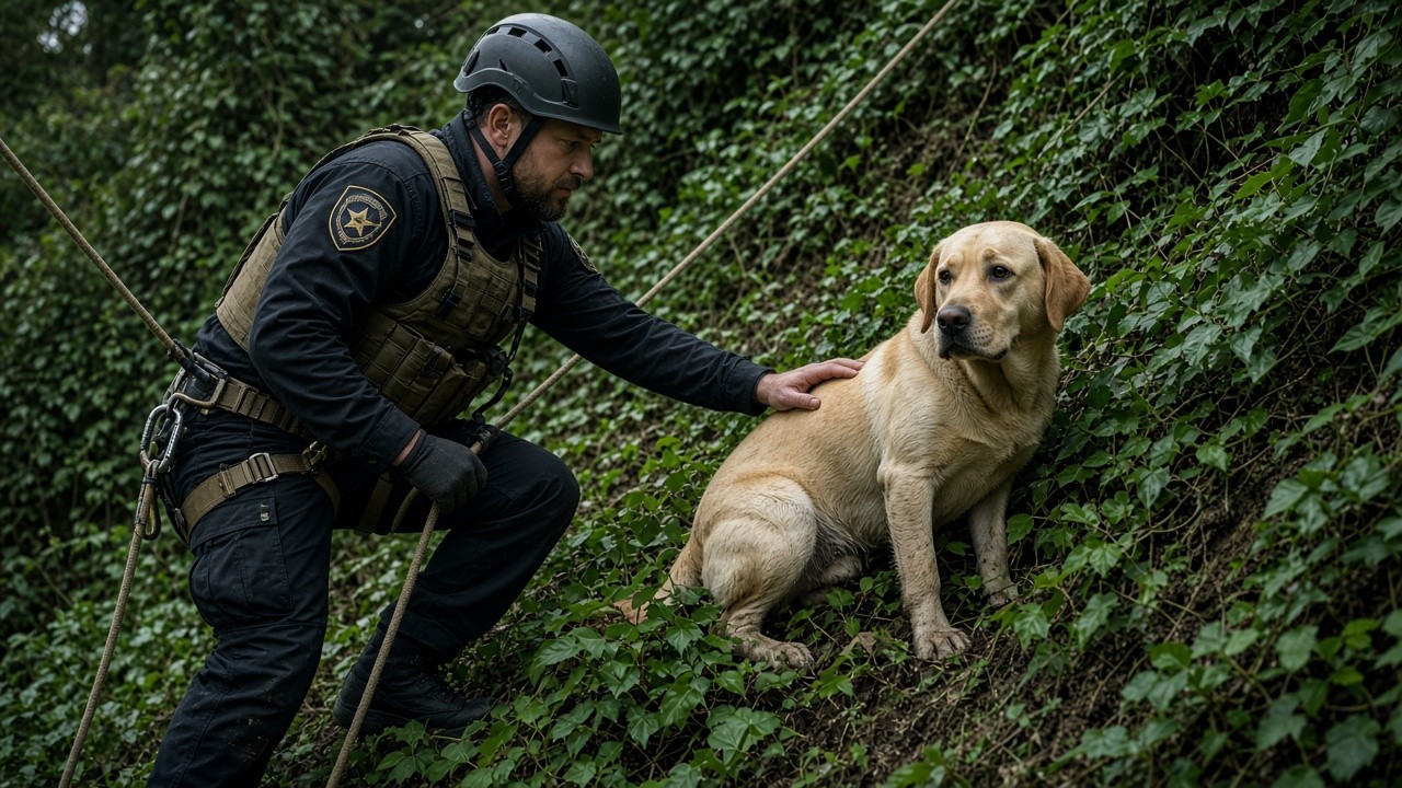 Deputy in climbing gear sitting with a frightened Labrador on a cliffside to keep him calm