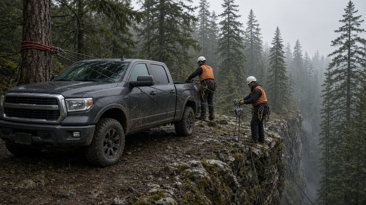 Rescue team anchoring ropes to a pickup truck at the top of a cliff