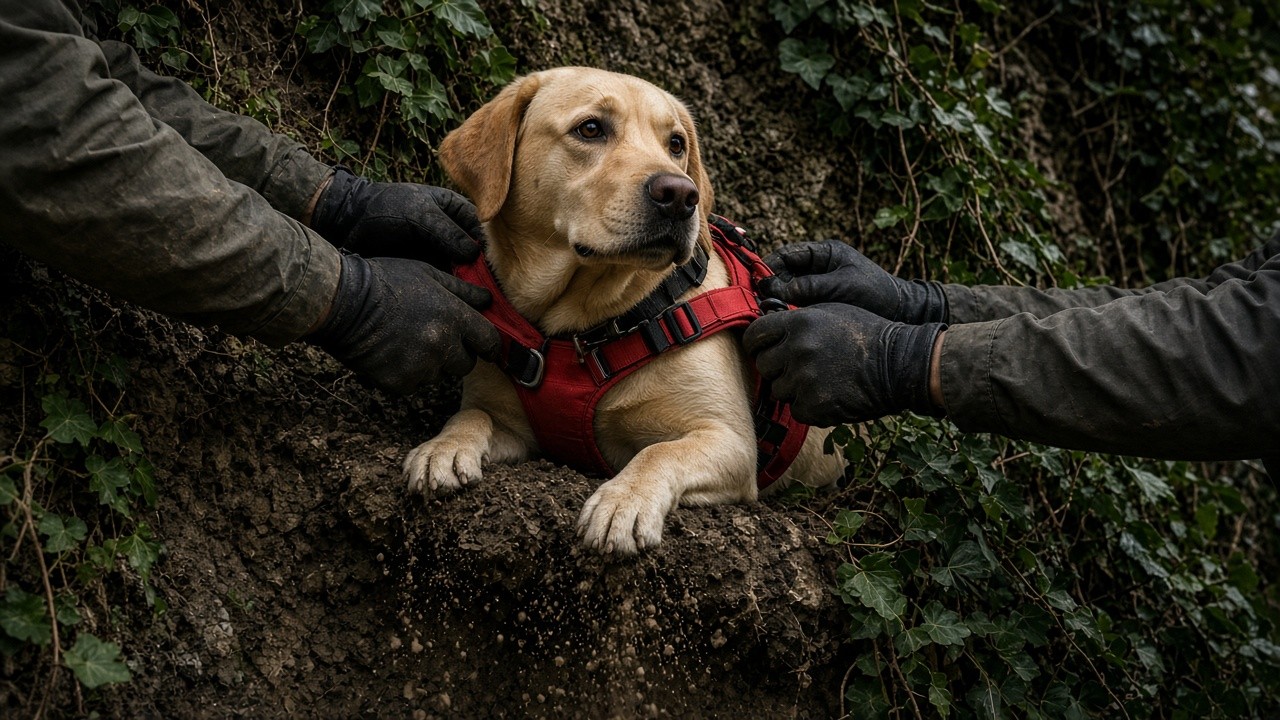 Rescuers fastening a harness on a Labrador standing on a tiny cliff ledge