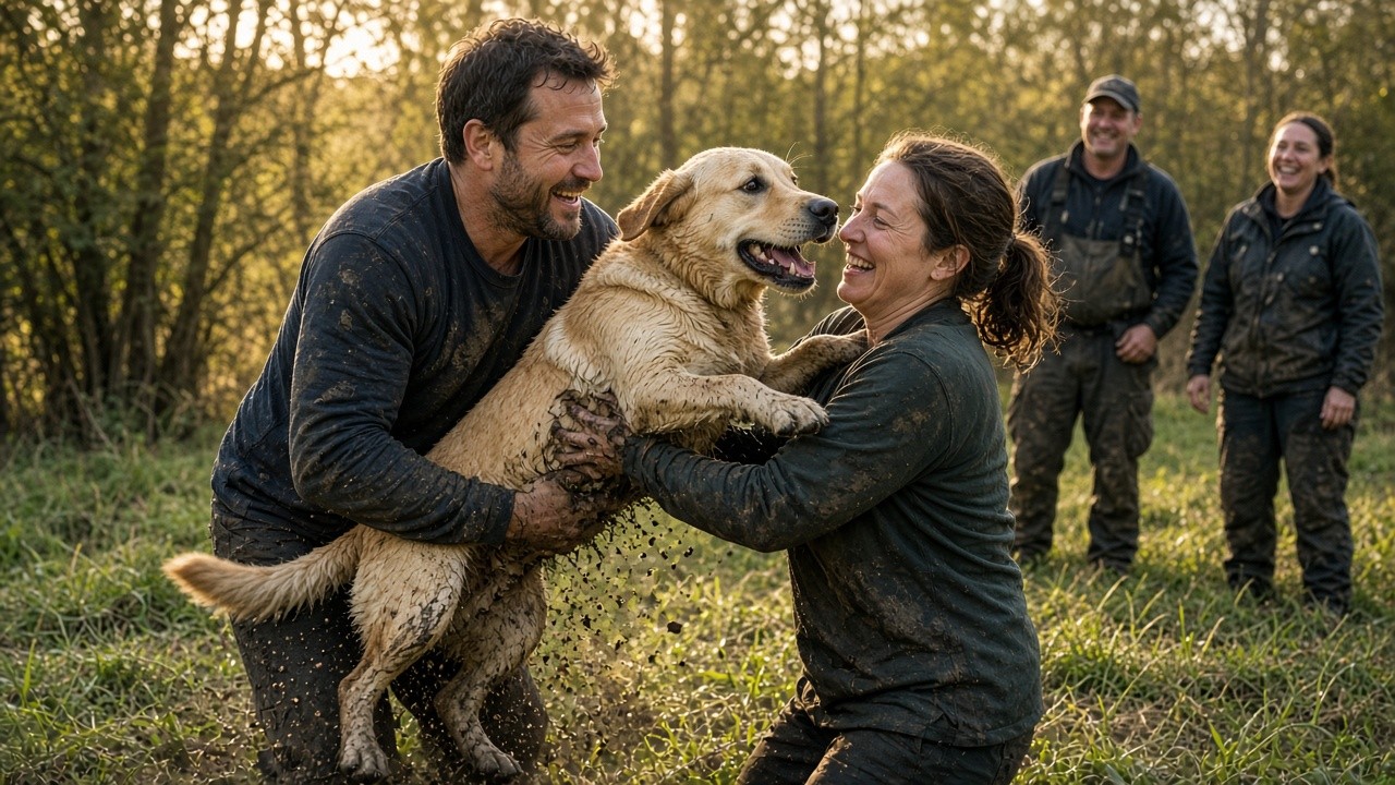 Muddy Labrador joyfully reunited with his family after the cliff rescue