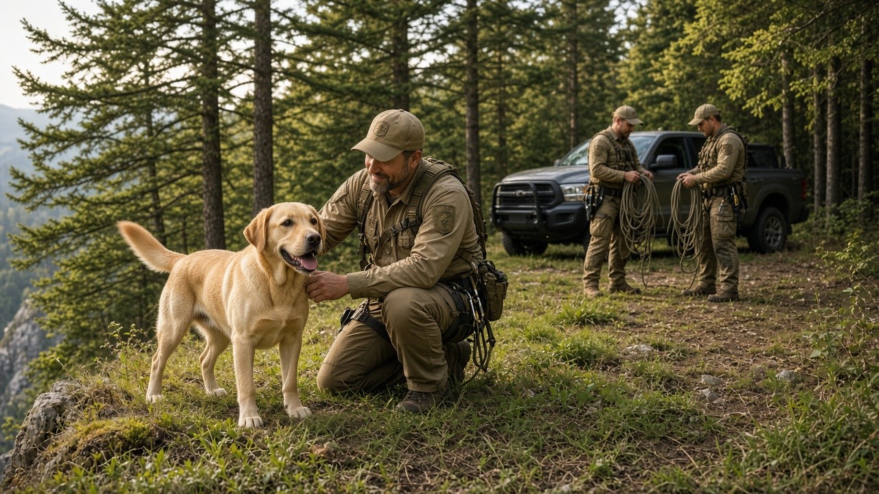 Rescued Labrador safe at the top of a cliff beside a deputy and rescue team coiling ropes