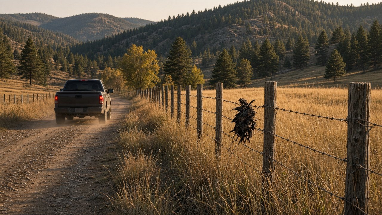A pickup backing up toward a bundle of feathers caught on a roadside fence