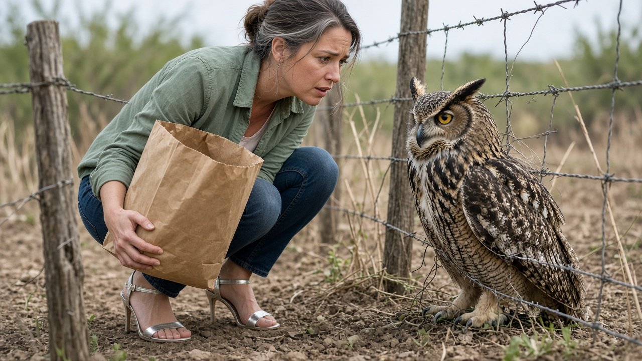 Woman speaking softly to a frightened owl caught in the fence