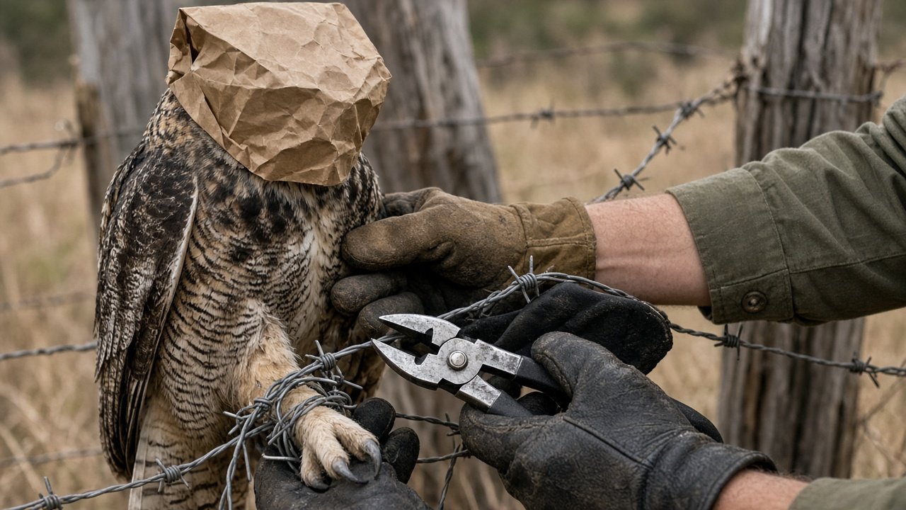 Gloved hands snipping barbed wire to free the owl's leg