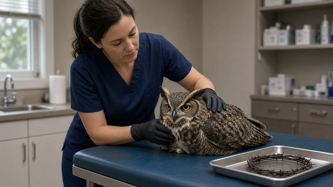 Veterinarian examining the rescued owl with the removed barbed wire on a tray