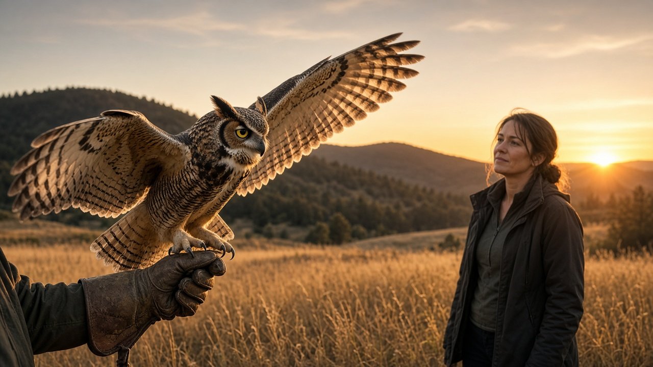 Healed great horned owl spreading its wings as it is released at sunset