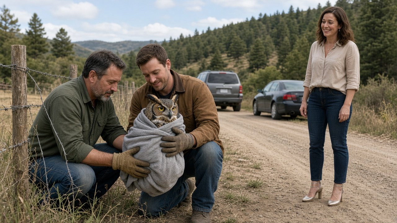 Rescuers holding a great horned owl wrapped in a sweatshirt beside the cut fence