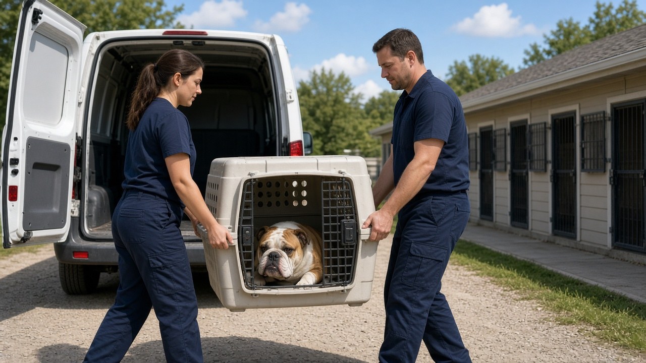 Carried to her kennel in a crate