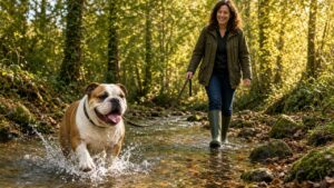 A happy bulldog splashes through a woodland stream as a smiling woman holds her leash