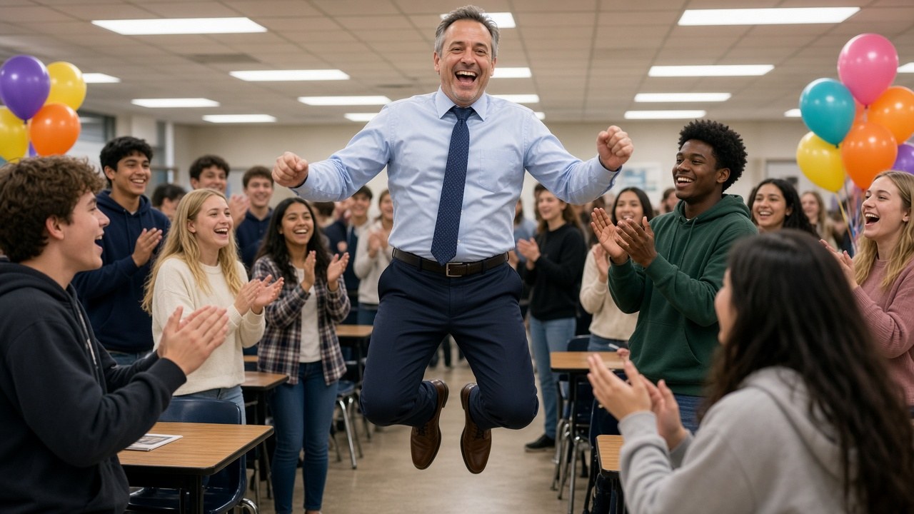 The principal jumping for joy after the surprise