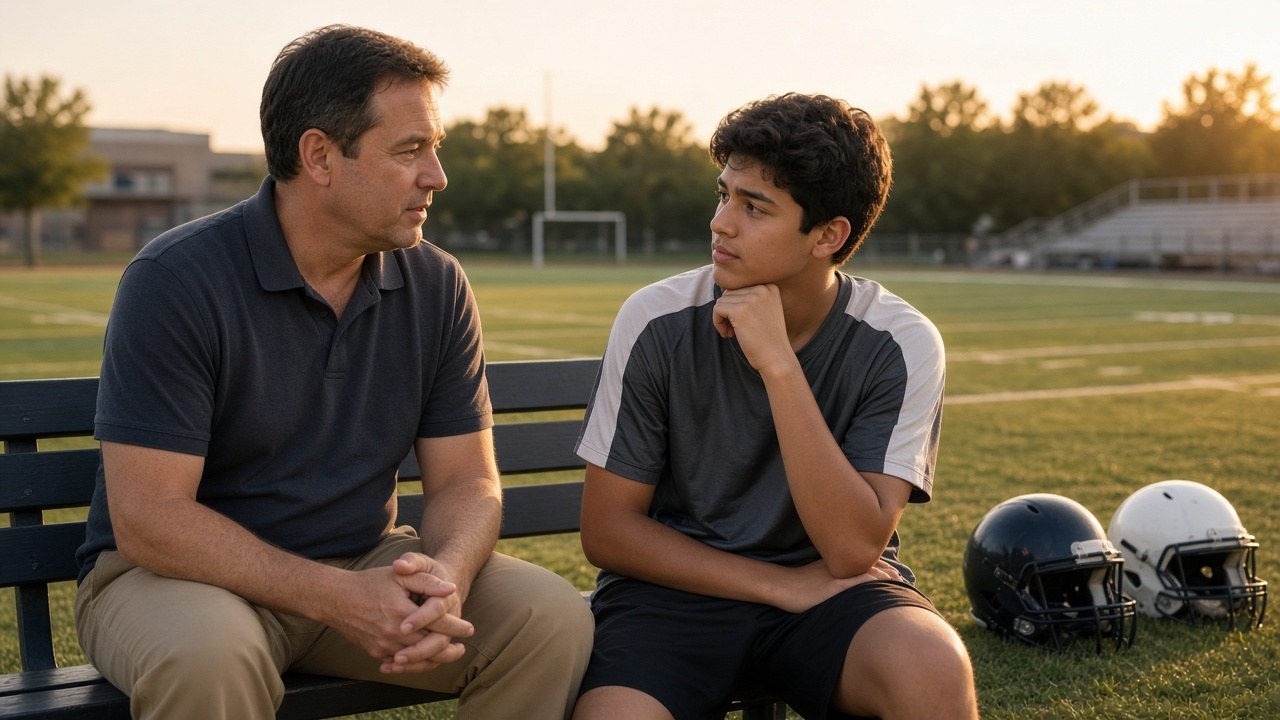 A principal and a student talking after practice