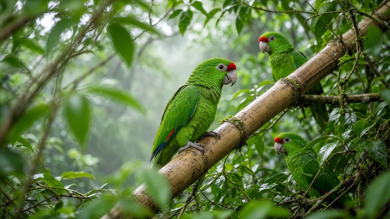 A young Puerto Rican parrot perched on bamboo in the rainforest