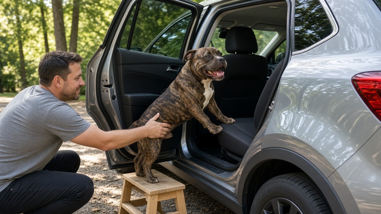 A happy brindle American Bully stepping up a small wooden step stool into the back seat of a car beside his new owner