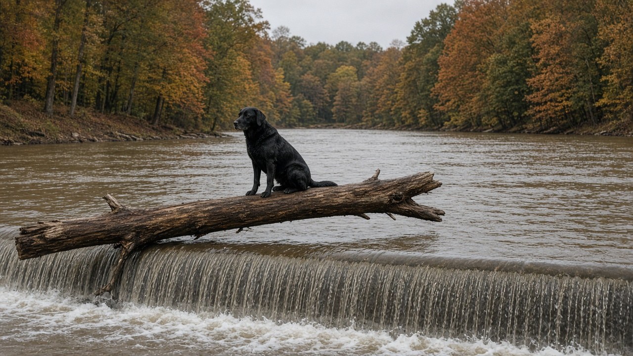A black dog stuck on a log just above a low-head dam