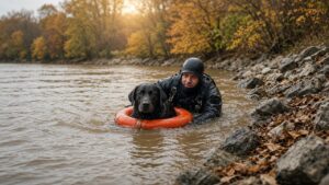 A firefighter diver floating a black Lab mix dog in a life ring toward a riverbank