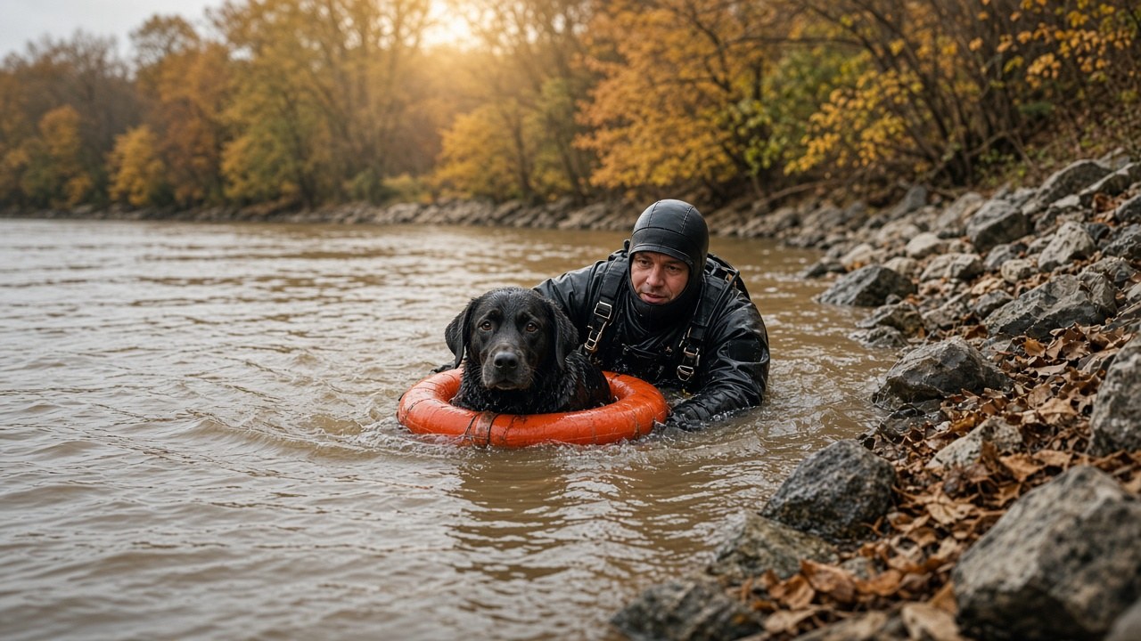 A firefighter diver floating a black Lab mix dog in a life ring toward a riverbank