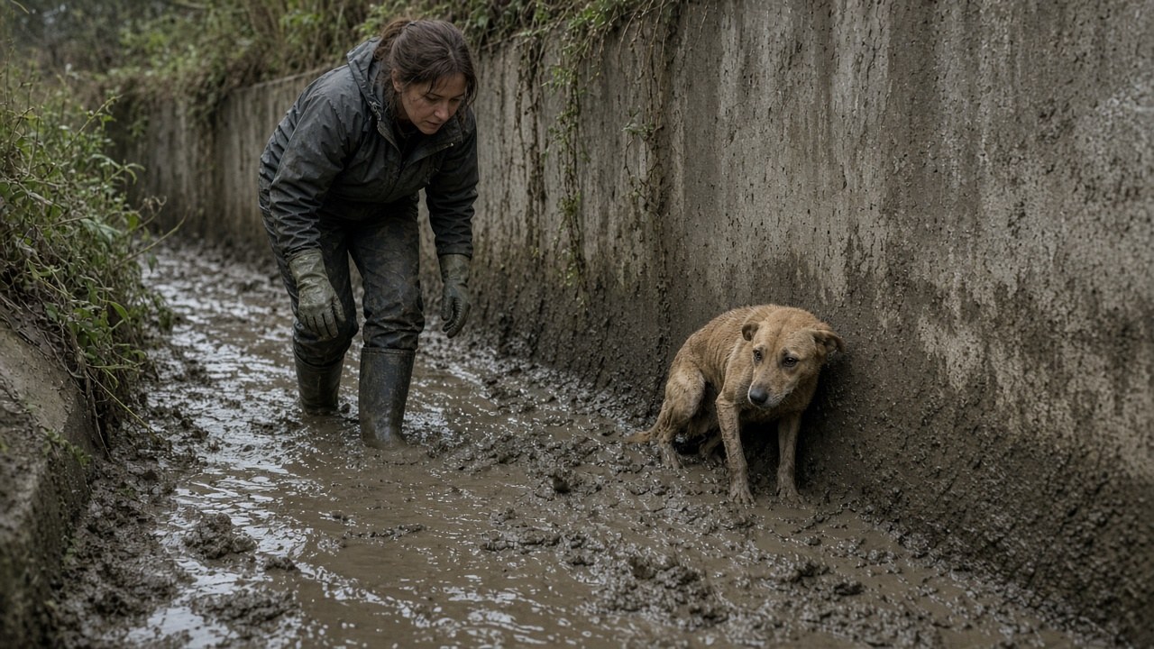 Wading through mud to reach her