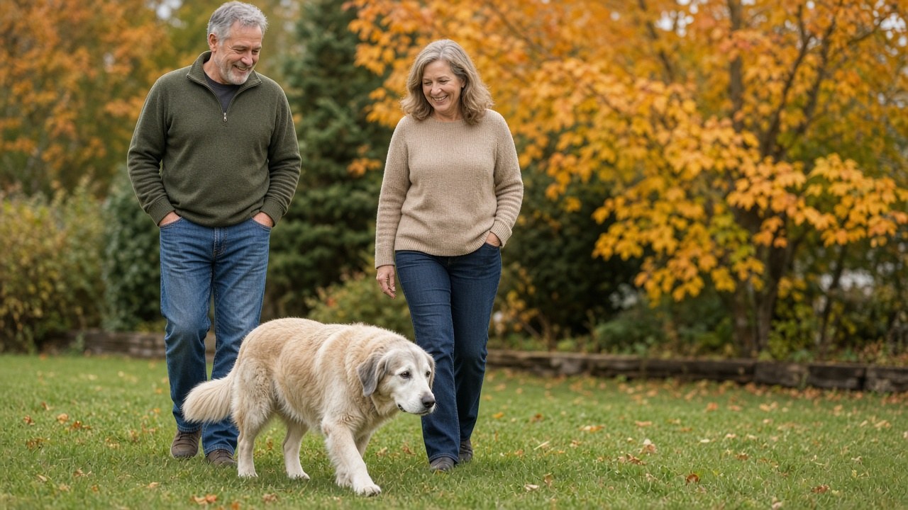 Harley on a short walk with his family