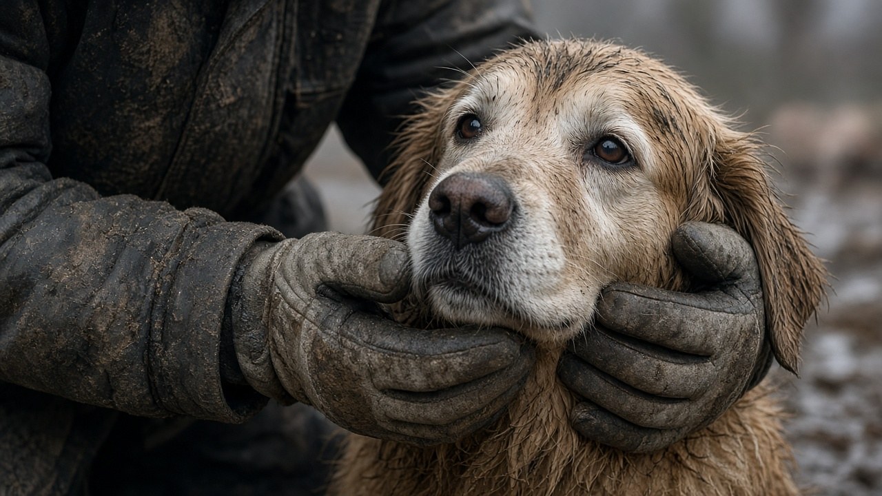 A gloved hand comforting Benny