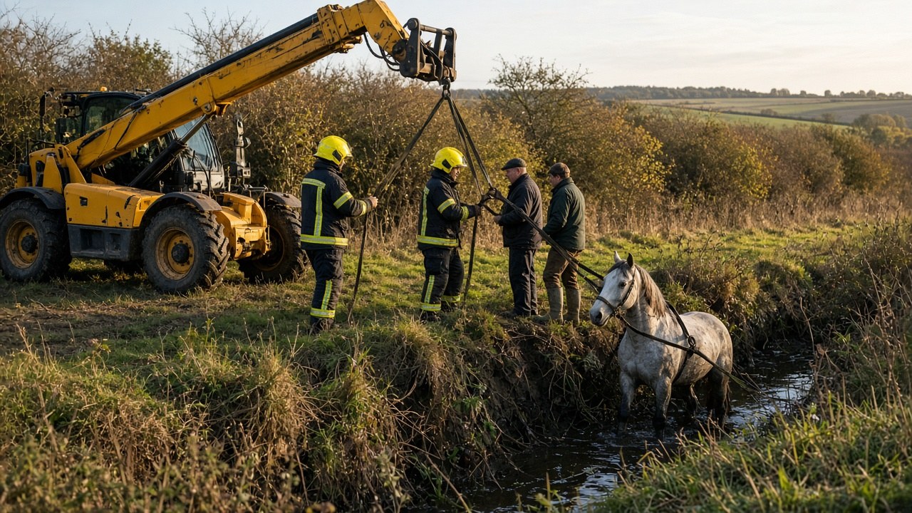 Two local residents operating the telehandler to lift Snowy