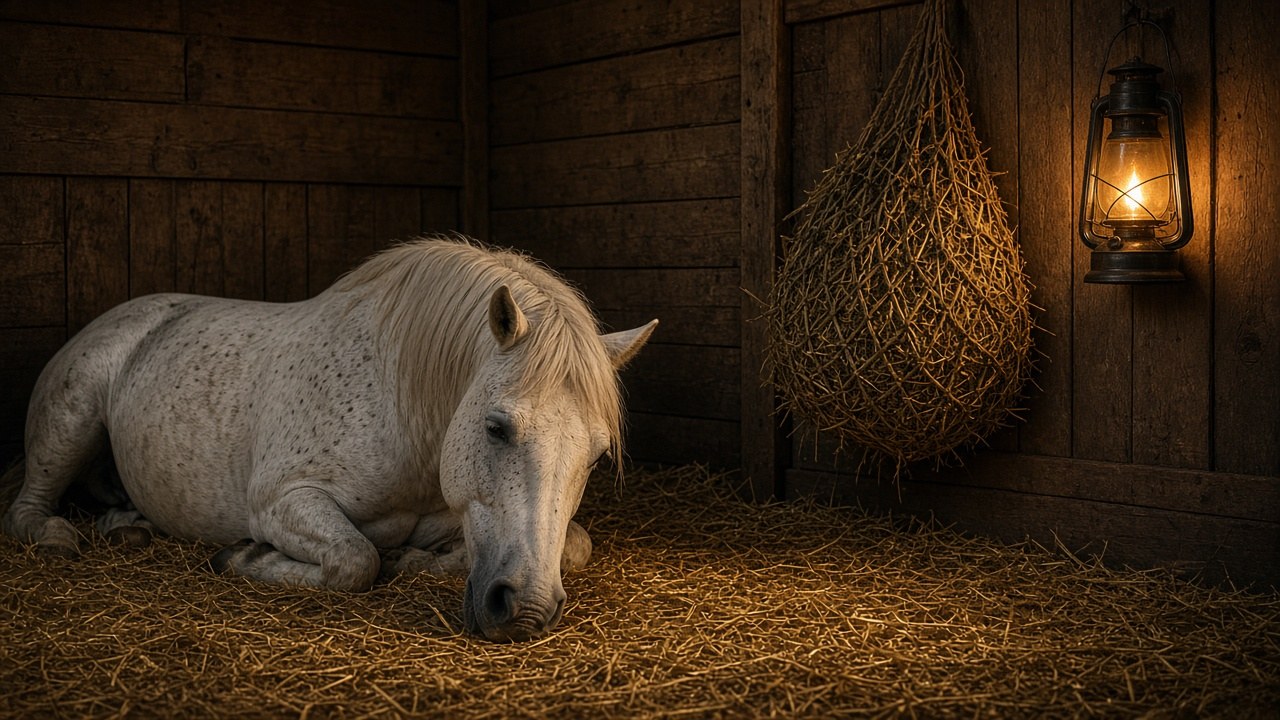 Snowy resting safely in his stable