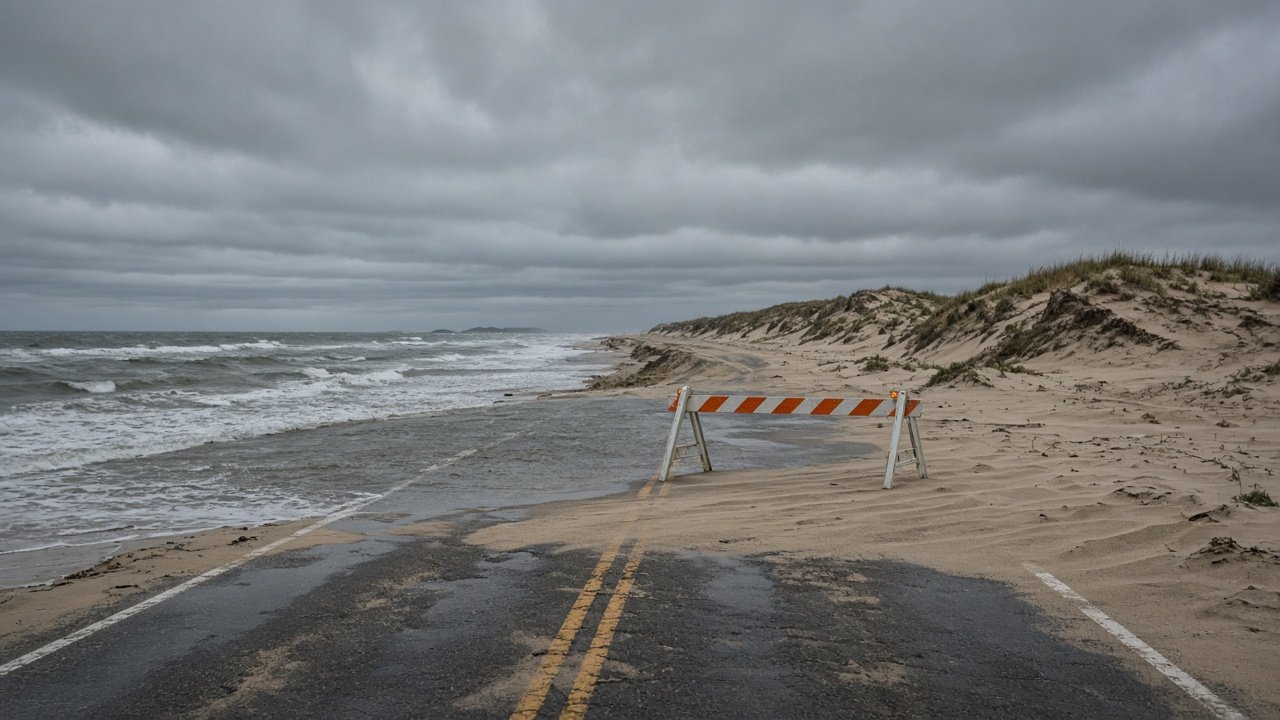 Coastal highway washed out by ocean overwash after a storm