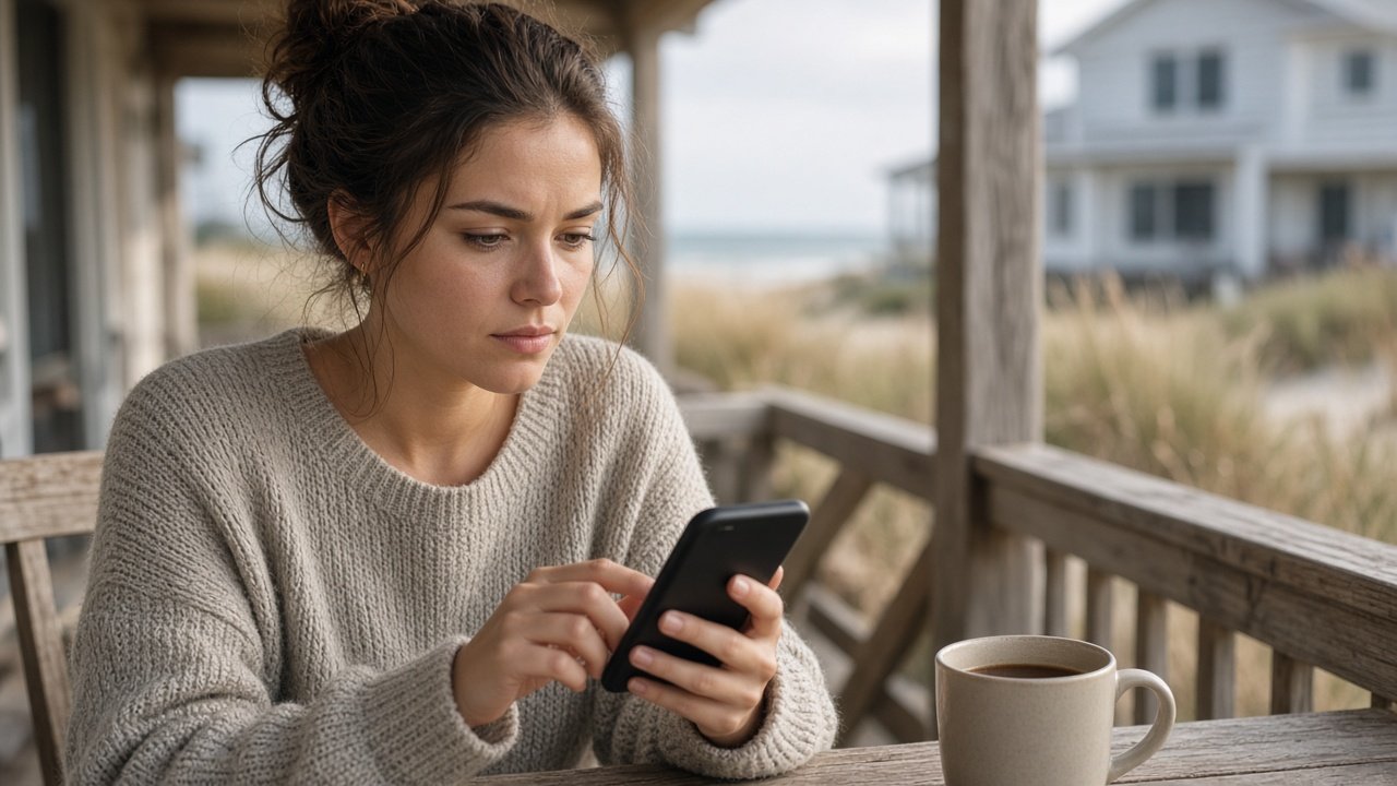 Young woman writing a hopeful post on her phone on a beach house porch