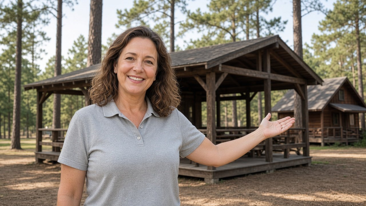 Smiling campground manager welcoming people to a wooden pavilion