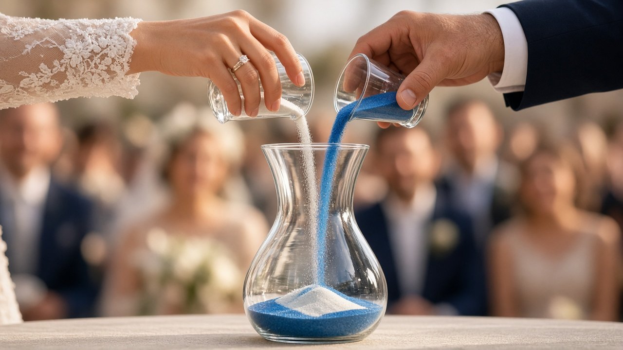Bride and groom pouring two colors of sand into one vase during the ceremony