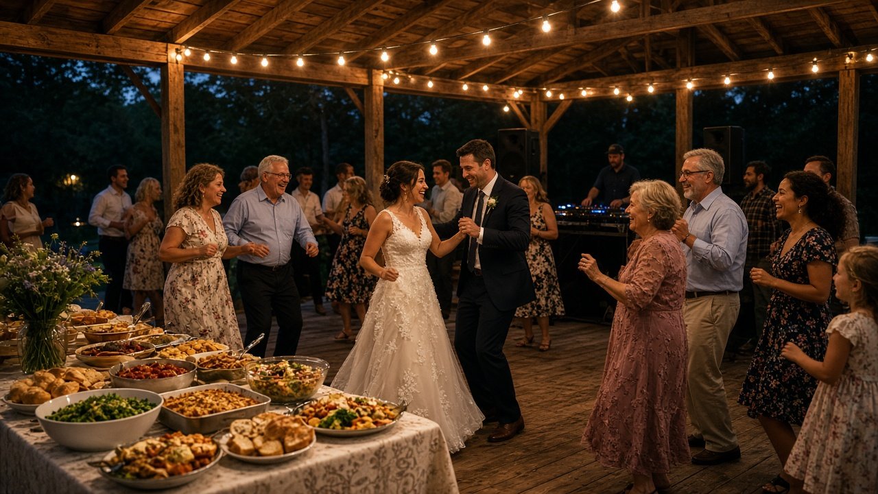 Crowded dance floor of guests celebrating with the newlyweds at night