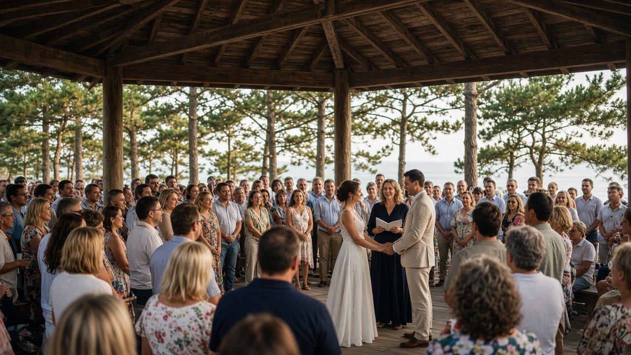 Bride and groom exchanging vows under a campground pavilion packed with guests