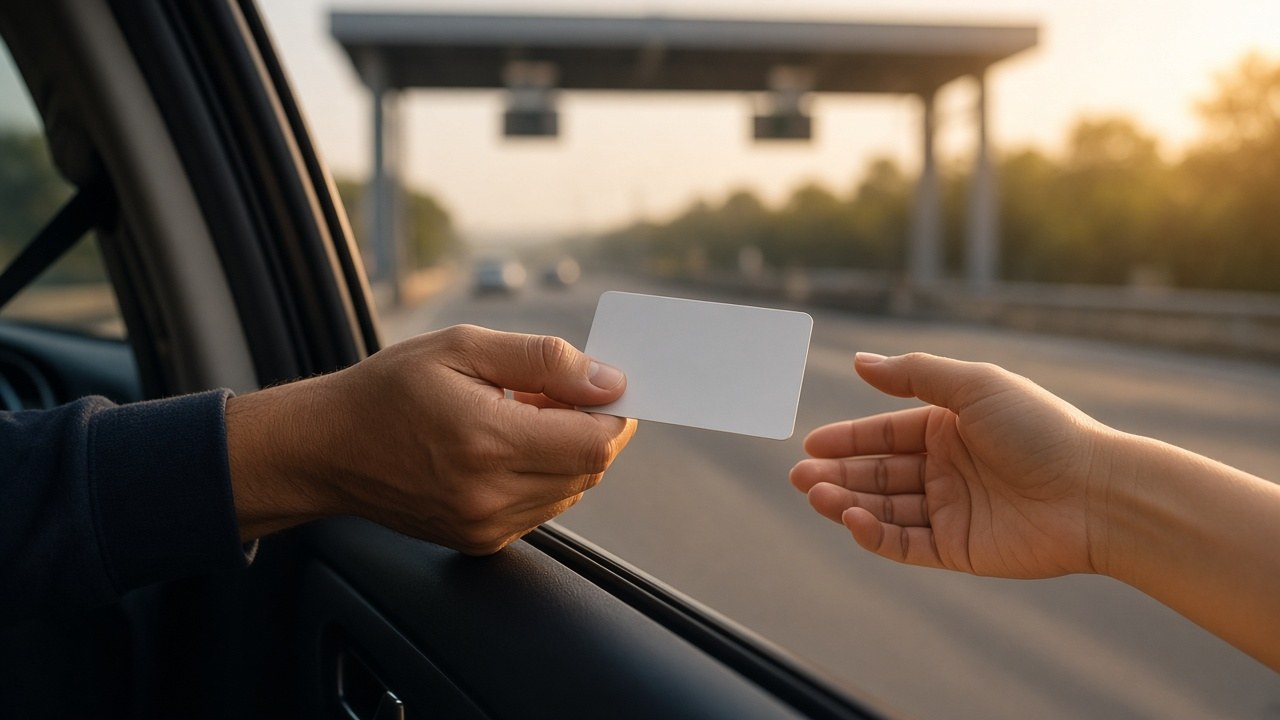The stranger offering his card through his car window