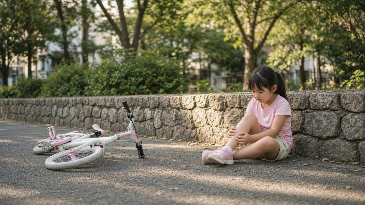A little girl sitting by her fallen bike after crashing into a wall