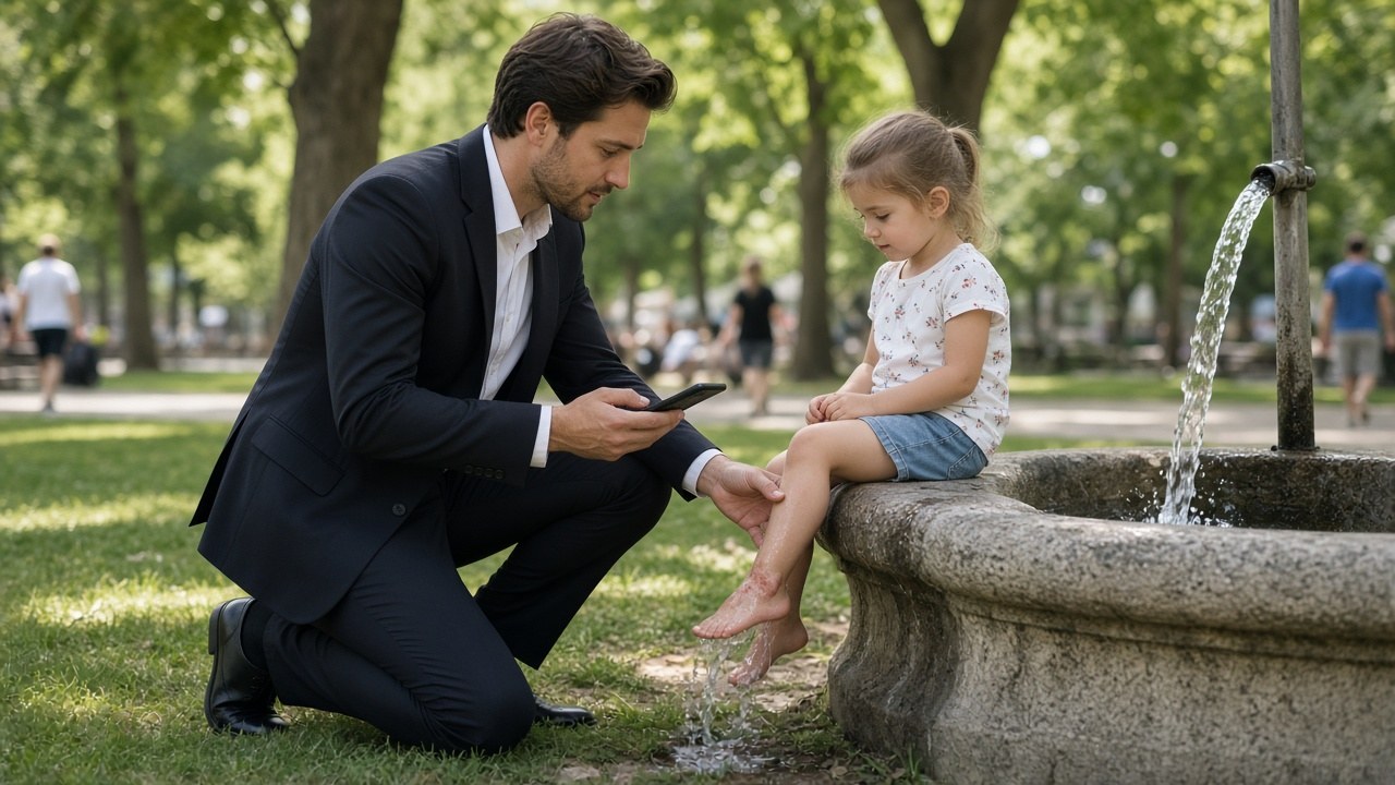 The stranger helping the girl wash her injured foot at a water fountain