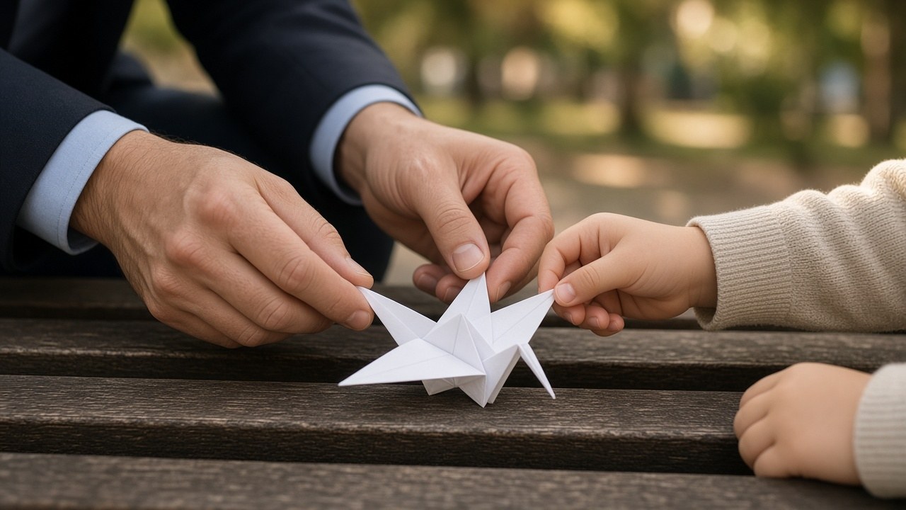 The stranger teaching the girl how to fold an origami crane