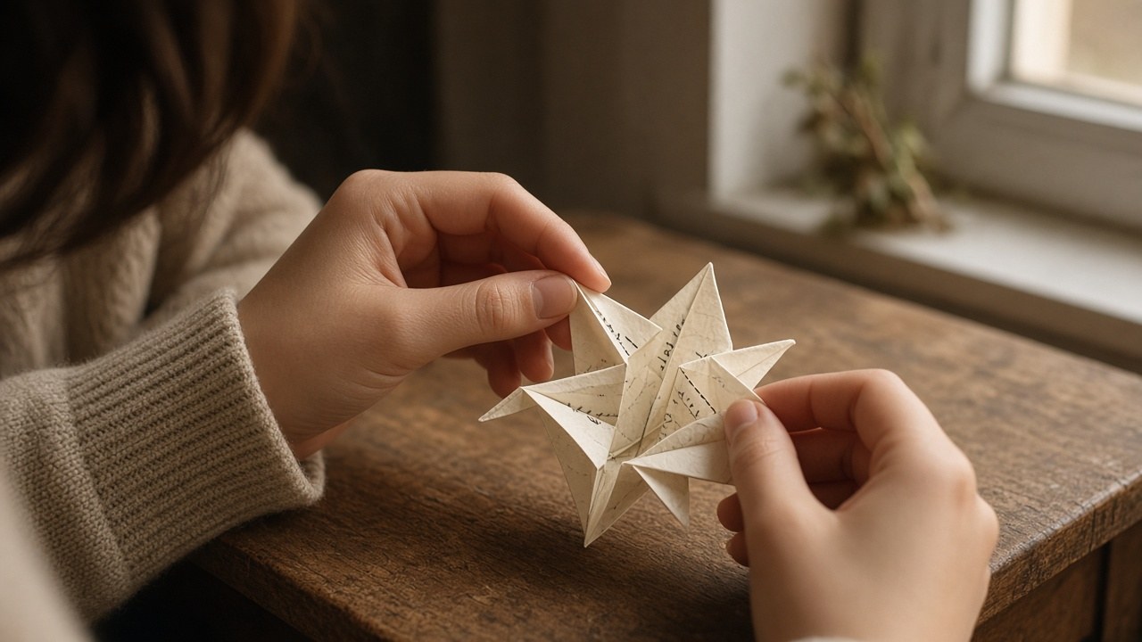 A teenager carefully unfolding the paper crane she kept for ten years