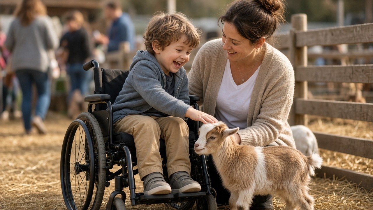 A little boy laughing as he pets a goat at the fair's petting zoo
