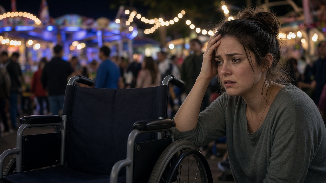 A panicked mother realizing her purse is gone from the back of the wheelchair