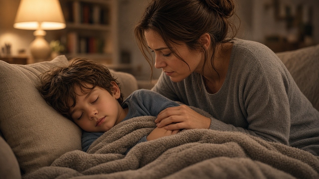 A mother holding her sleeping son's hand at home