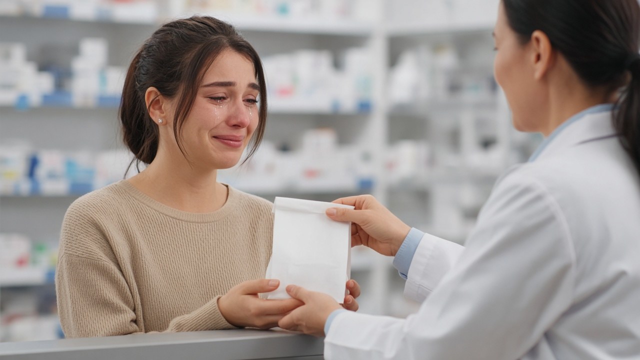 A relieved mother picking up her son's replacement medicine at the pharmacy
