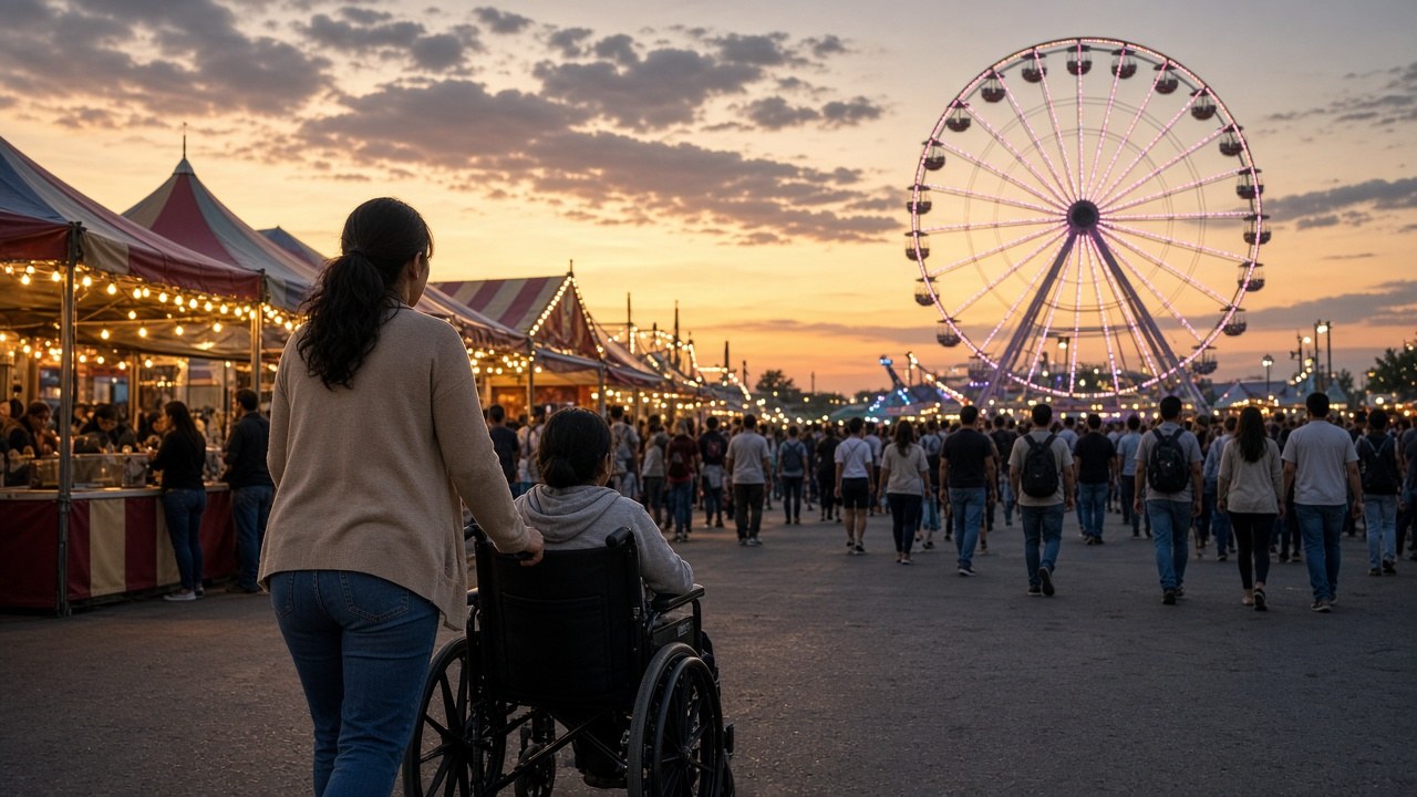 A mom pushing her son's wheelchair along the state fair midway at dusk