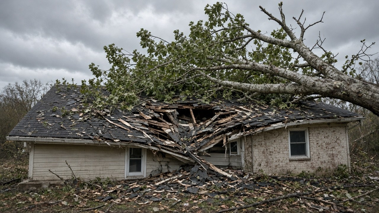 A large silver maple tree lying across the crushed roof of a small house
