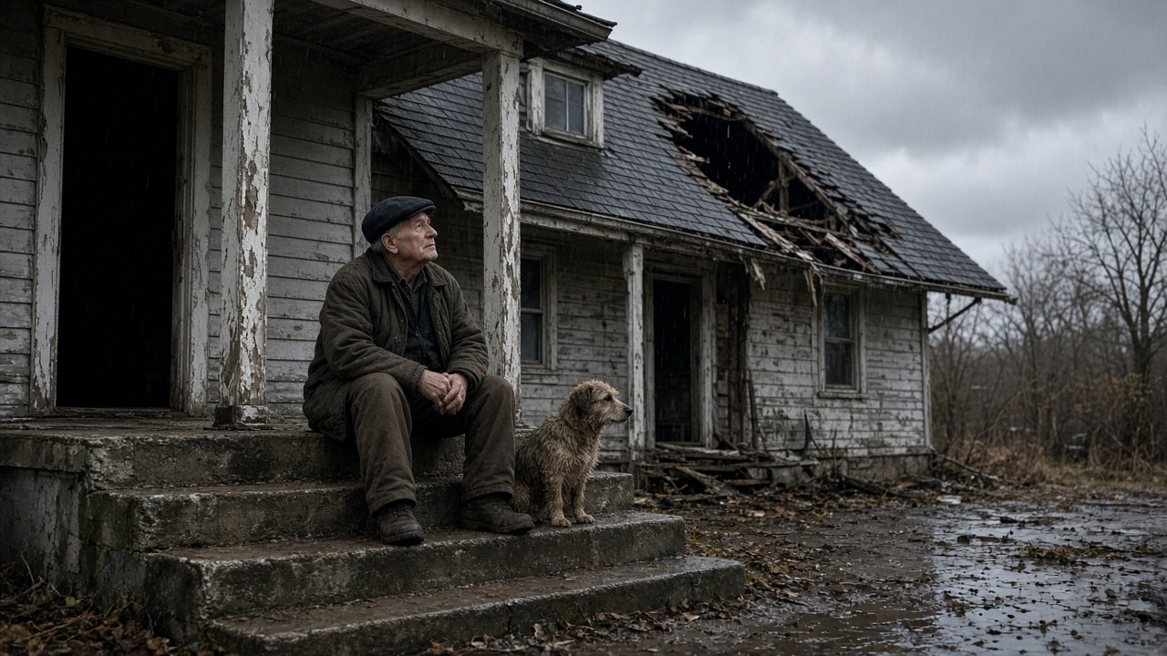An elderly man and his little dog waiting on the step of his roofless home